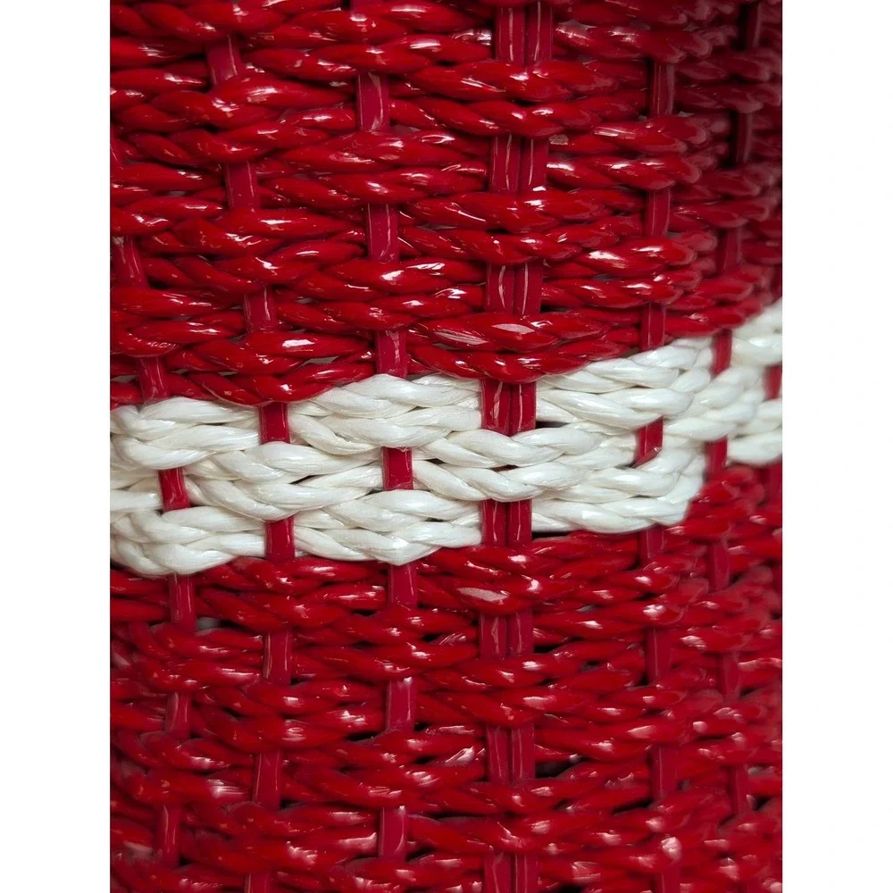 Vintage Red Wicker Basket Flower Vase Holder White Ruffled Top Bow Made in Korea